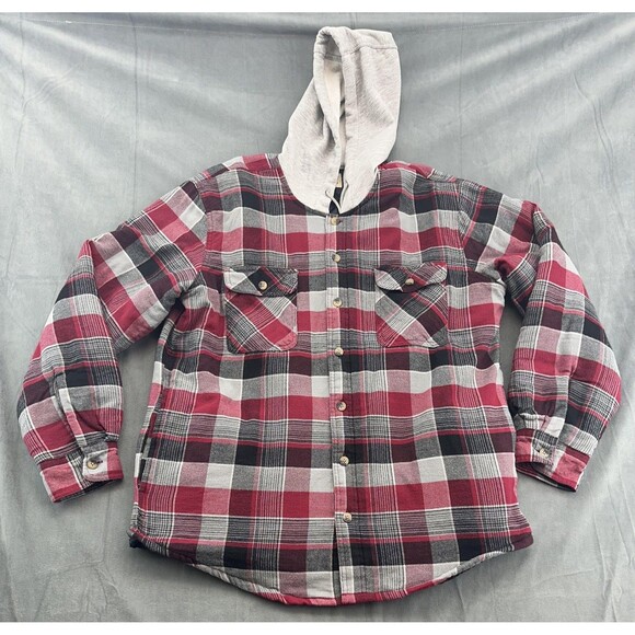 Wrangler Authentics Jacket Mens Large Red Gray Plaid Hooded Flannel Lined Shirt - Picture 1 of 11